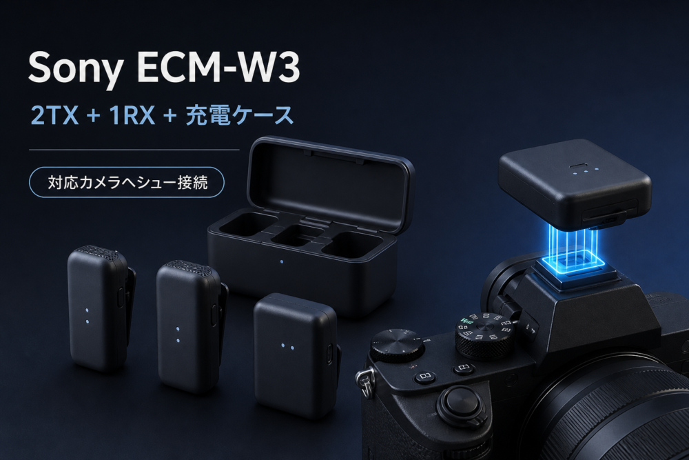 Sony ECM-W3の2TX構成と対応カメラへのシュー接続イメージ