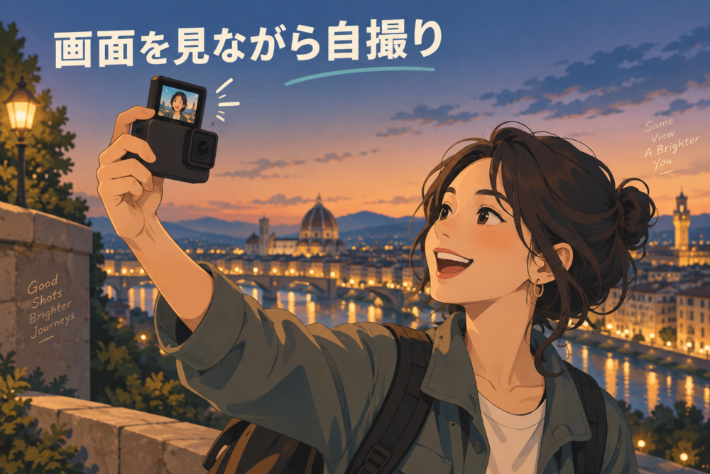 フリップ画面を見ながら旅先で自撮りする使用イメージ