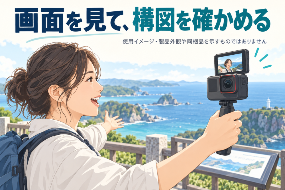 フリップ画面を自分へ向けて旅の感想を話す使用イメージ