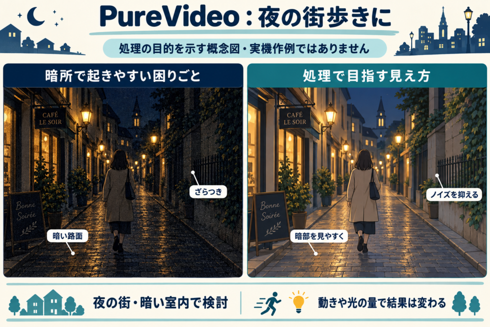 夜の街歩きで暗部のざらつきと明るさを整える目的を示す概念図