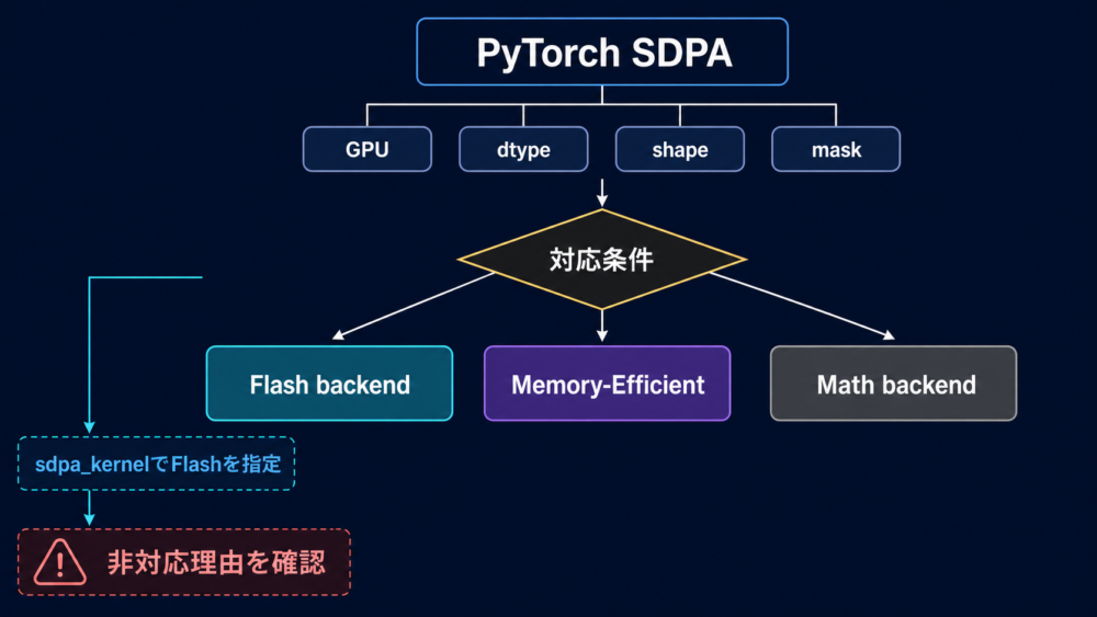 PyTorch SDPAが入力条件に応じてFlash、Memory-Efficient、Math backendを選び利用不能理由を確認する流れ