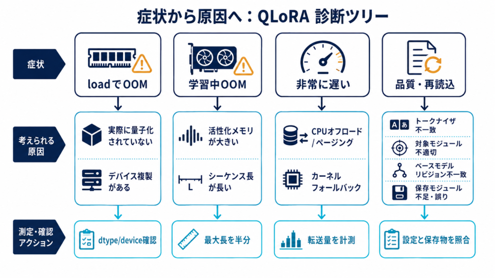 QLoRAのOOM・低速・品質低下・再読込失敗の診断図