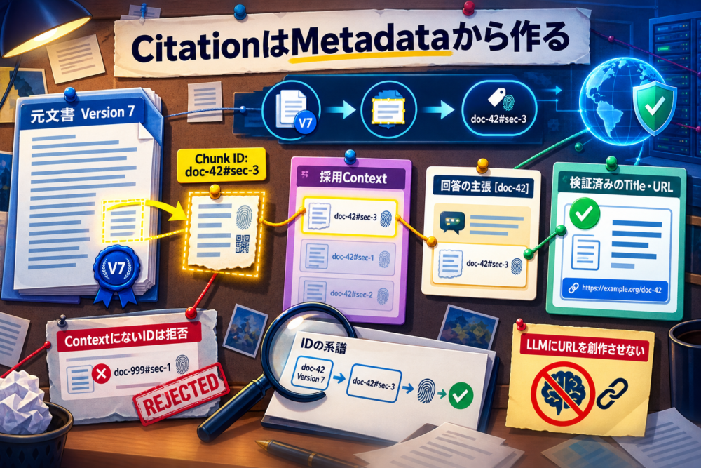 文書chunkのmetadataから回答の引用を検証して表示する流れ