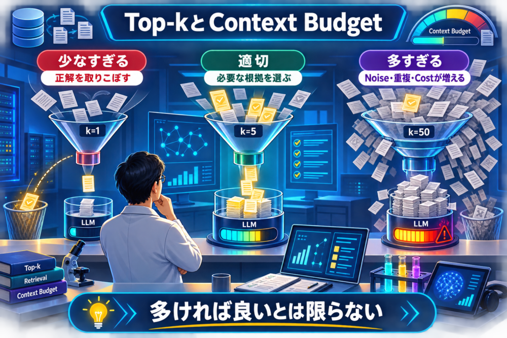 top-kを増やしたときの検索coverageとcontext noiseのtrade-off