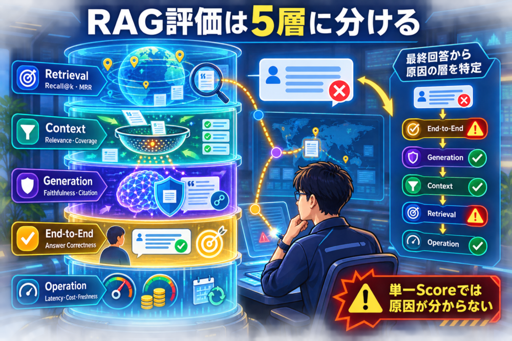 retrieval、context、generation、end-to-end、operationに分けたRAG評価