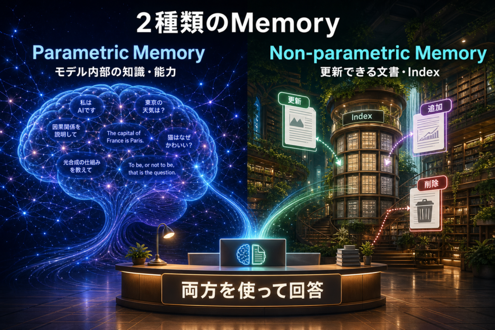 モデル内部のparametric memoryと外部indexのnon-parametric memoryの関係