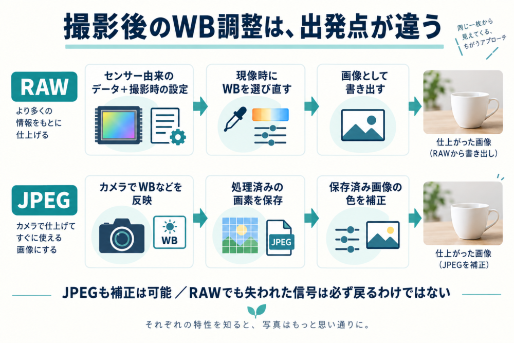 RAWは基準を変えて現像し直し、JPEGはすでに処理された画像へ色補正を行う違い