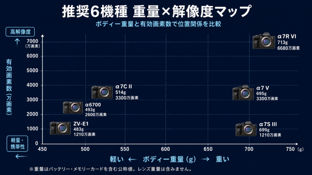 推奨6機種をボディー重量と有効画素数で比較した2軸マップ