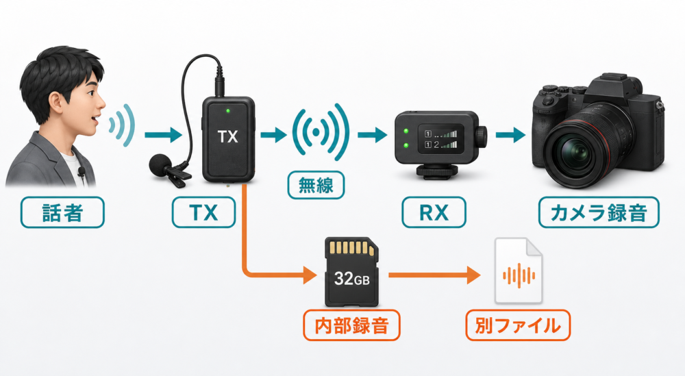 カメラ録音と送信機内部録音の2つの経路