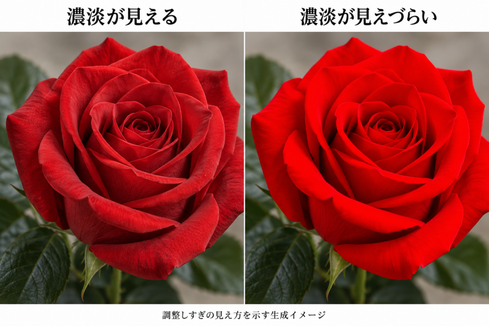 赤い花びらの濃淡が見える場合と色が強すぎて見えづらい場合を示す生成例