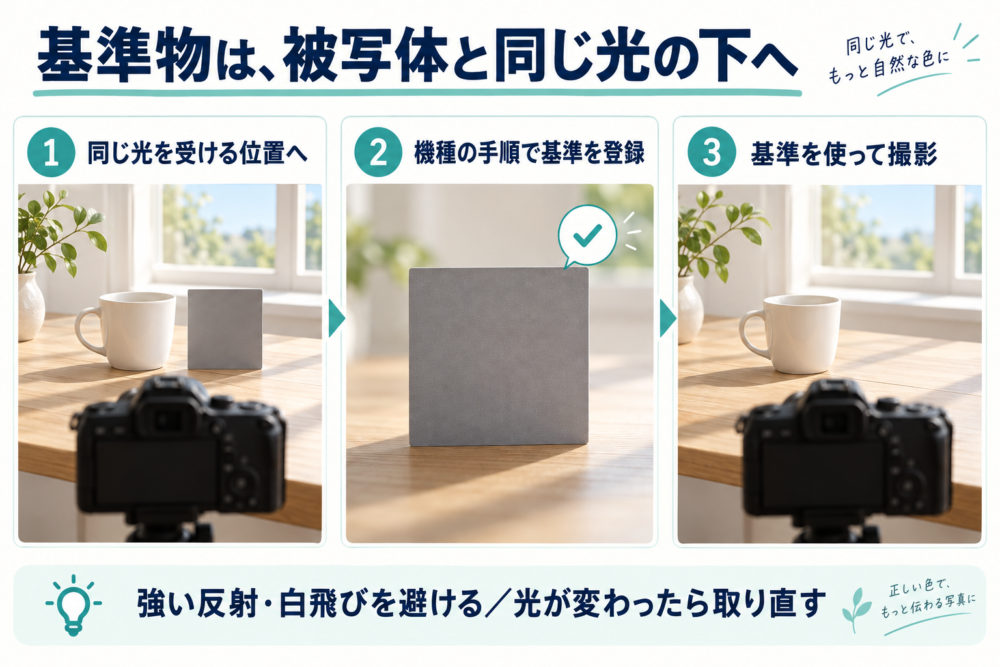 カップと同じ窓の光が当たる位置に基準カードを置き、登録後に外す手順図