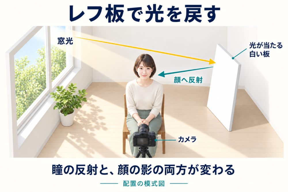 窓光を白い板へ受けて顔の影側へ反射させる配置図