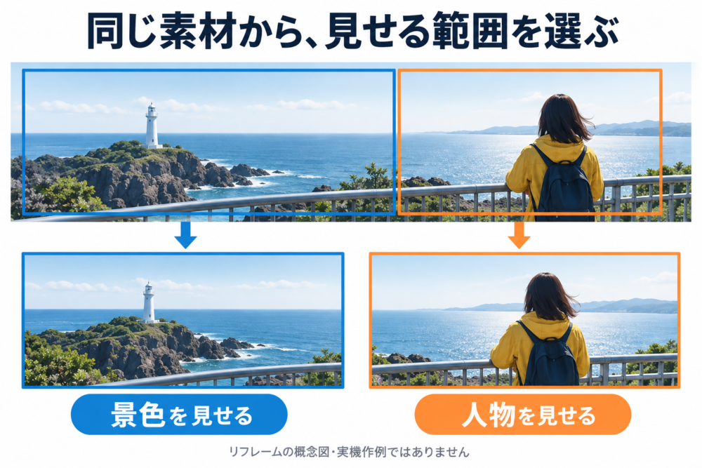 同じ360度素材から景色重視と人物重視の構図を選ぶ概念図