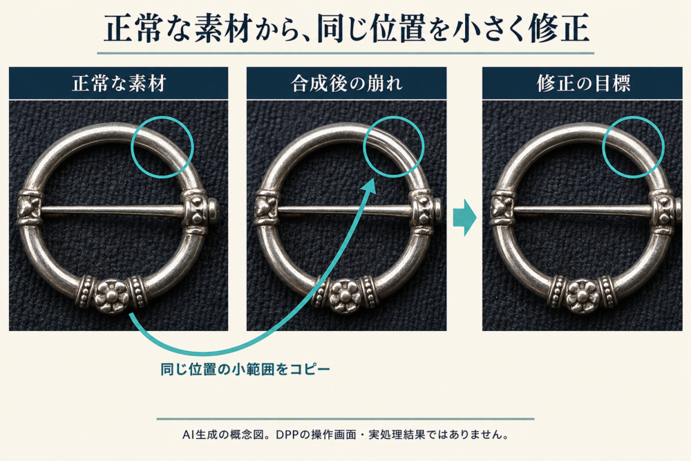 正常な素材の同じ位置から小範囲をコピーして輪郭を直す概念図