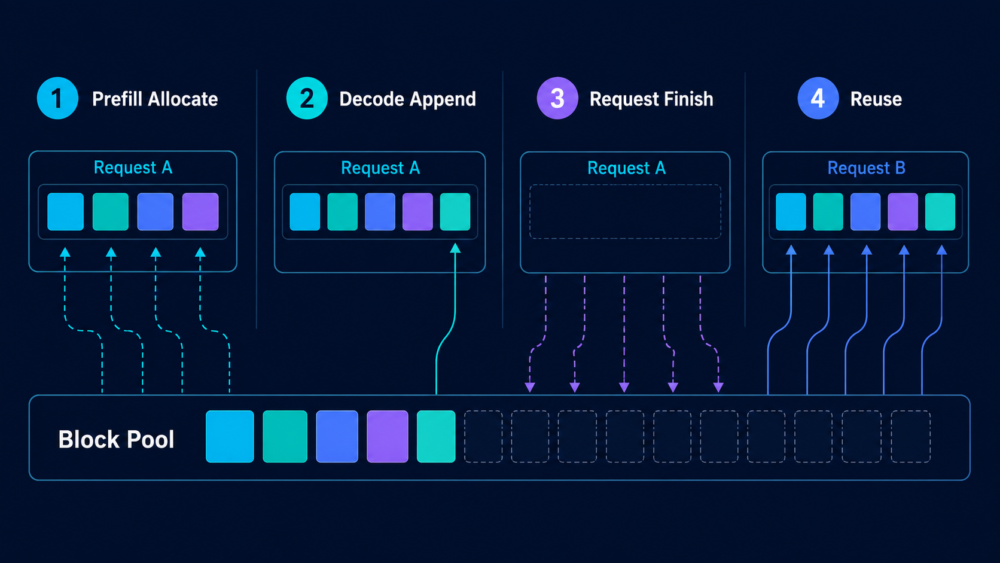 prefillでblockを確保しdecodeで追加しrequest終了時にpoolへ戻すlifecycle