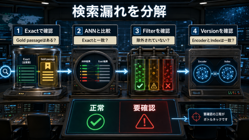 Dense Retrievalの検索漏れをencoder、ANN、filter、versionへ分ける診断図
