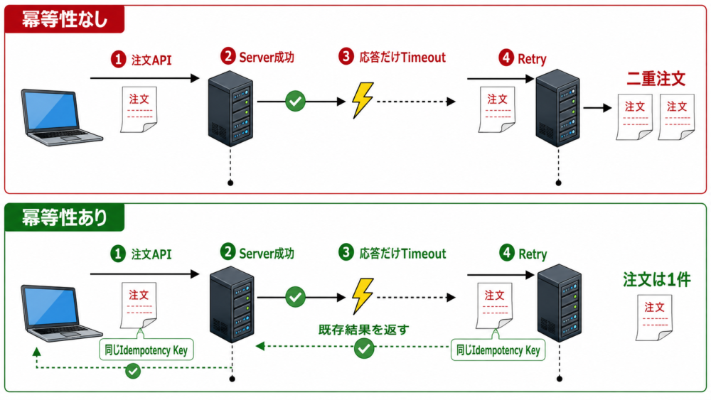 Timeout後のretryで二重注文が起きる場合と冪等性keyで防ぐ場合の比較