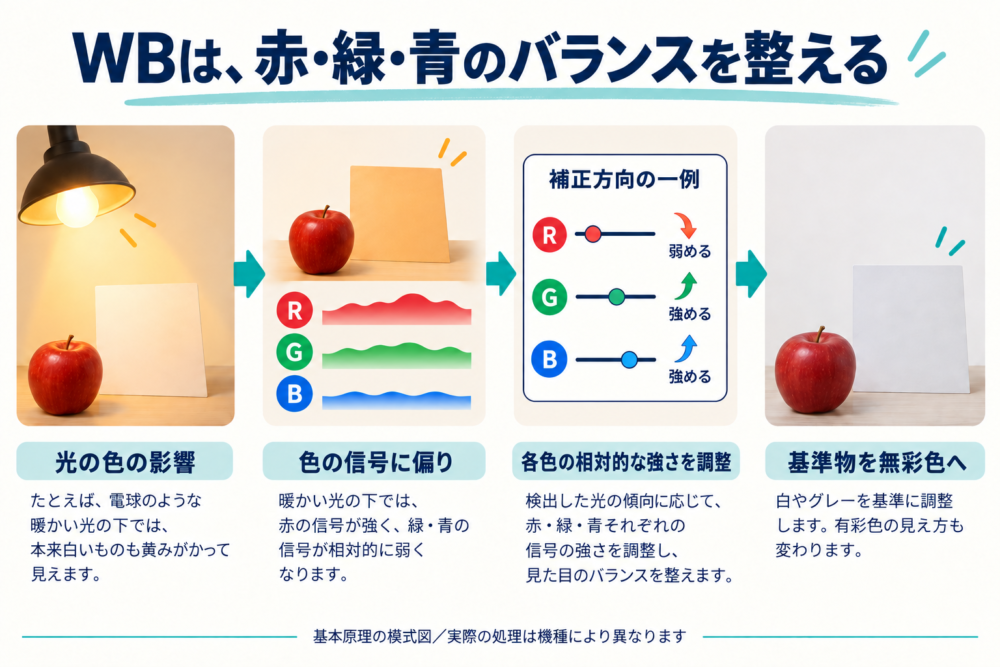 暖色の照明下の白い基準物からRGBの相対調整を行い、無彩色へ近づける概念図