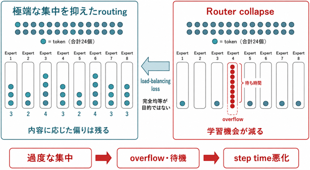 tokenがExpertへ分散する正常系と一つへ集中する負荷偏りの比較