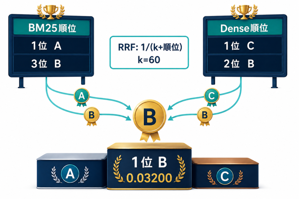 BM25順位とDense順位をRRFで融合しBが上位になる計算例