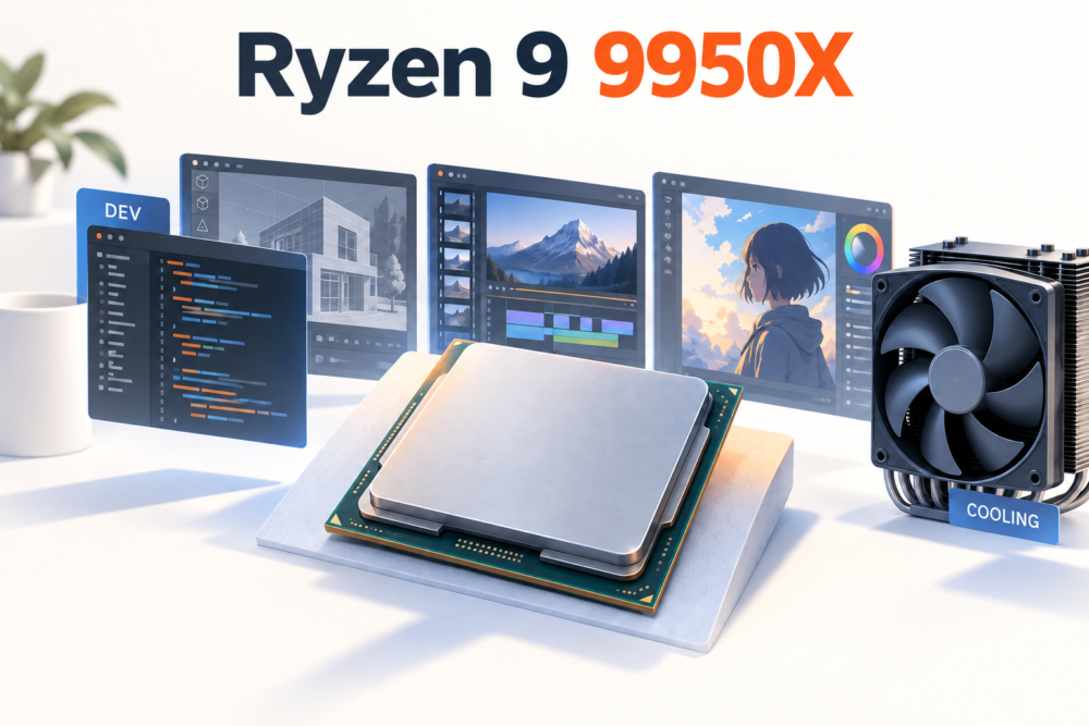 Ryzen 9 9950Xの用途を表す生成イメージ：並列処理の多い開発・制作を兼ねる人へ