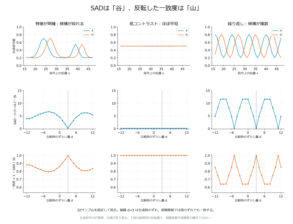 特徴が明確・低コントラスト・繰り返し模様の三条件でのSADの谷と反転した一致度の山
