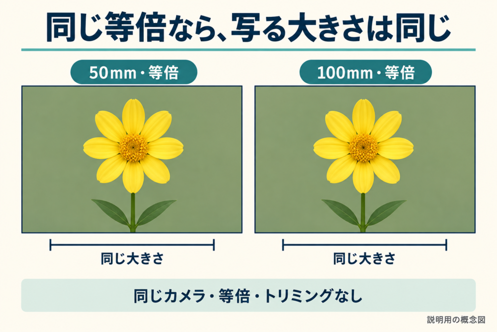 同じ等倍でも写真の大きさが変わらない理由を示す概念図