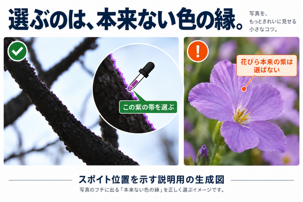 フリンジの紫帯をスポイトで選び、元々紫の花びらは選ばないことを示す図