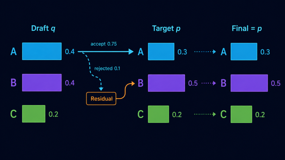 draft分布qからの提案を受理または棄却し残差分布でtarget分布pを復元する数値例