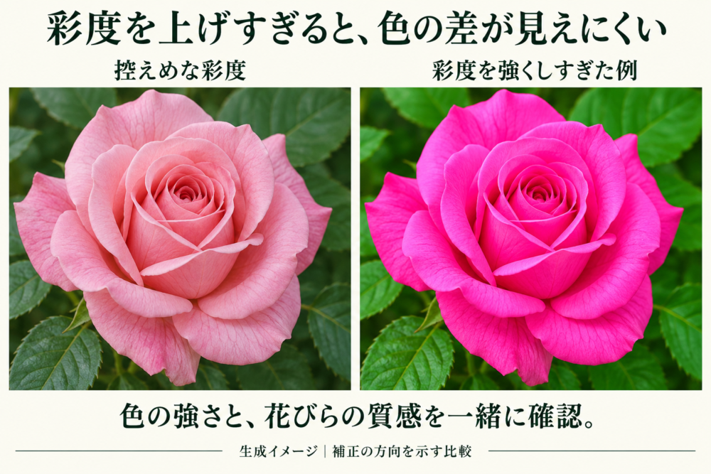 花の色を自然に整えた場合と彩度を強くしすぎた場合の生成比較