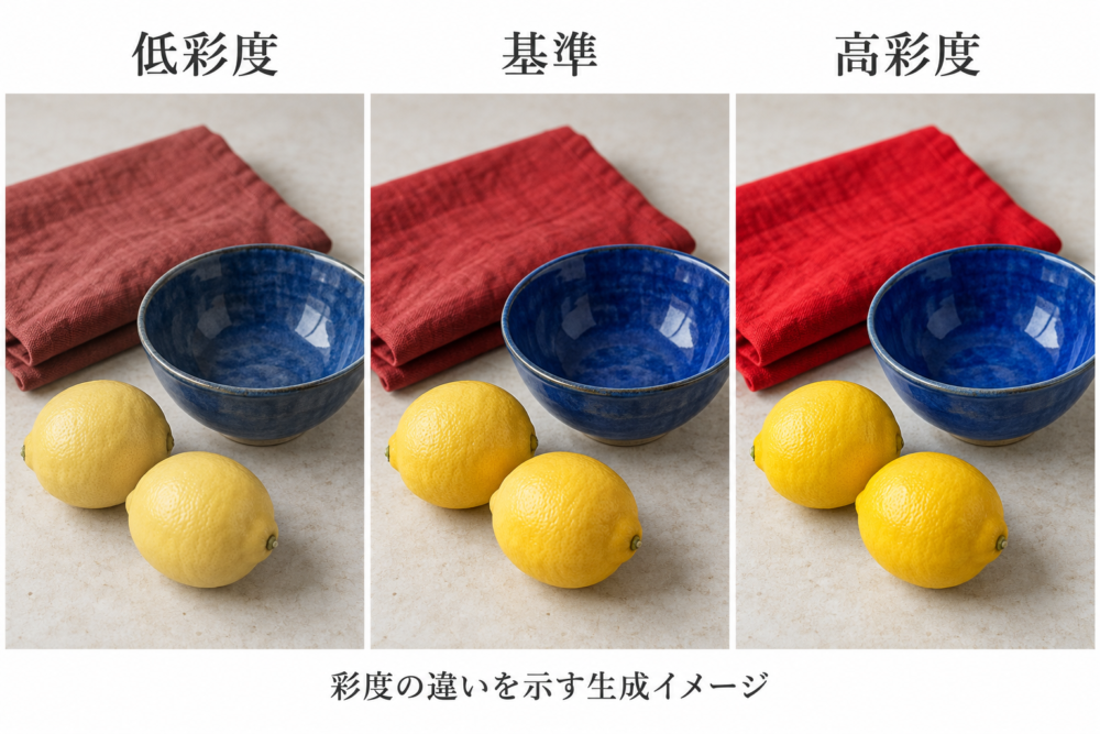 同じ静物の彩度を低い・基準・高い方向で表した生成比較イメージ