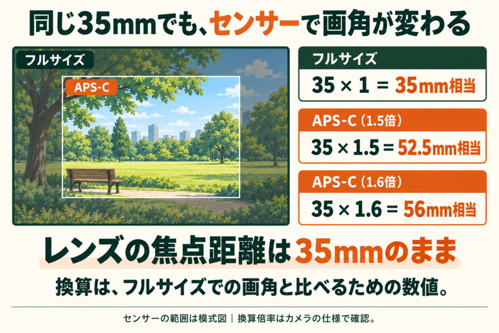 35mmレンズの画角をセンサーサイズ別に35mm判換算する計算図