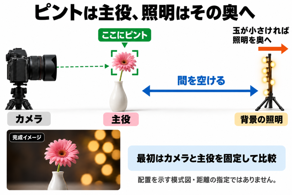 横からの配置図。カメラ→主役の花瓶→広い間隔→照明。ピントは花。背景照明を奥へ動かす矢印。距離数値なし。
