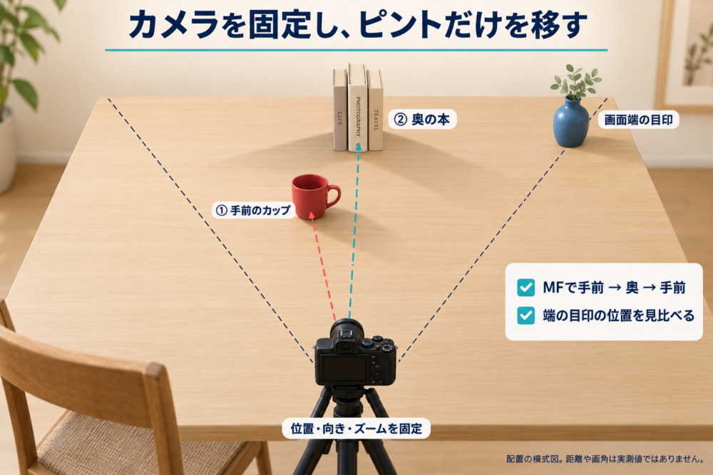 固定したカメラから手前のカップと奥の本へピントを移し、画面端の花瓶を確認する配置図