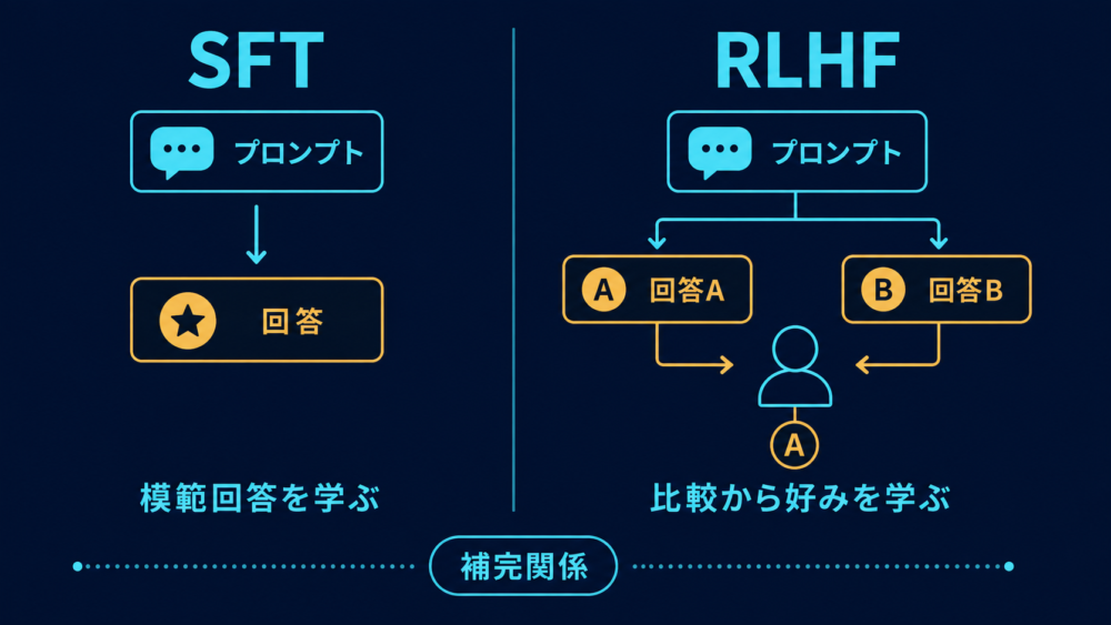 教師あり学習の模範回答とRLHFの比較信号の違い