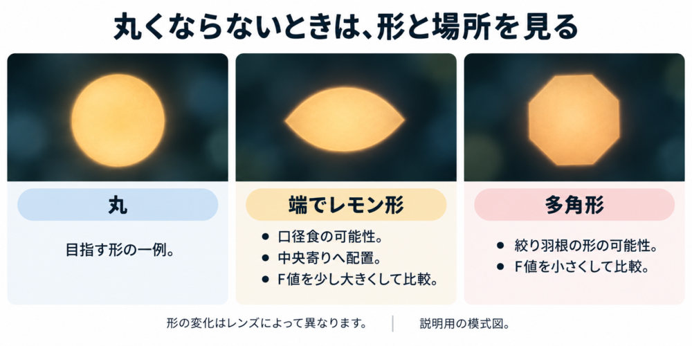 丸・レモン形・多角形の3種類。レモン形は画面の端で口径食を確認、少し絞る／中央へ。多角形は絞りの形を確認、少し開く。