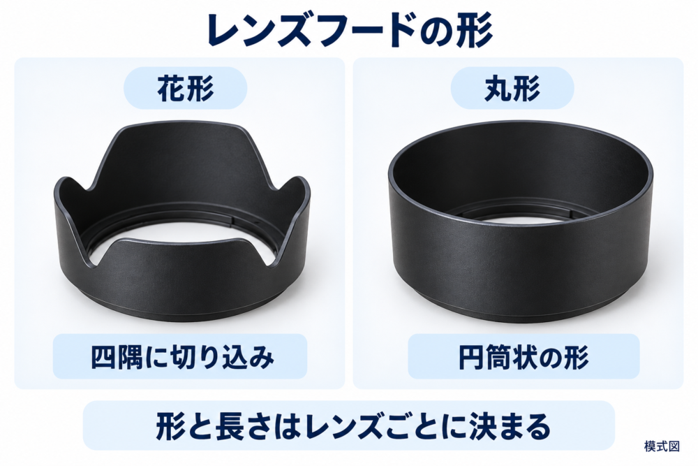 切り込みのある花形フードと円筒状の丸形フードの外観比較