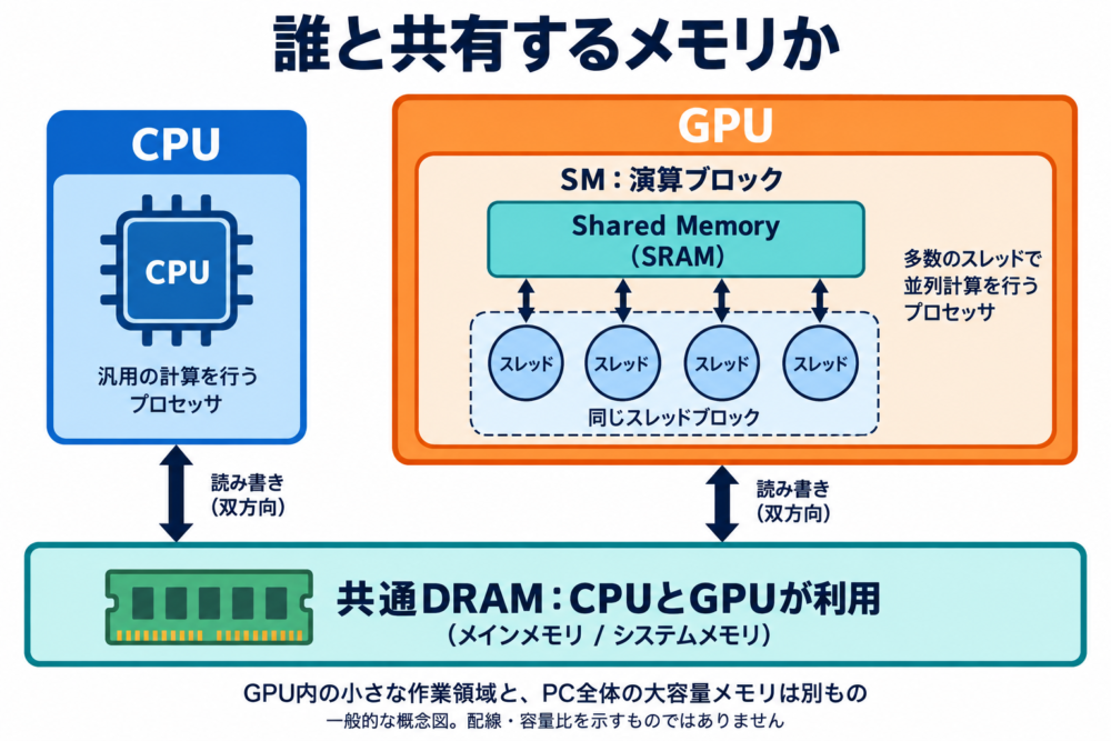 CPUとGPUが共有するDRAMと、GPU内のスレッド群が使うShared Memoryを別の枠で示した図