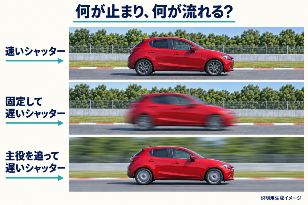 高速撮影、固定した低速撮影、流し撮りの概念比較