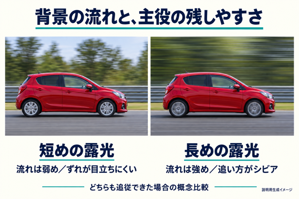 露光が短い場合と長い場合の背景の流れと追従難度