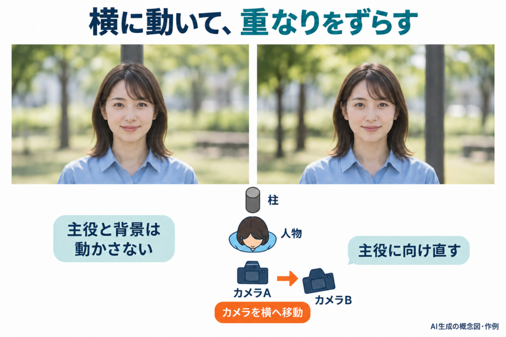 横に移動して主役に向け直すと頭と背景の柱が離れて見える比較と配置図