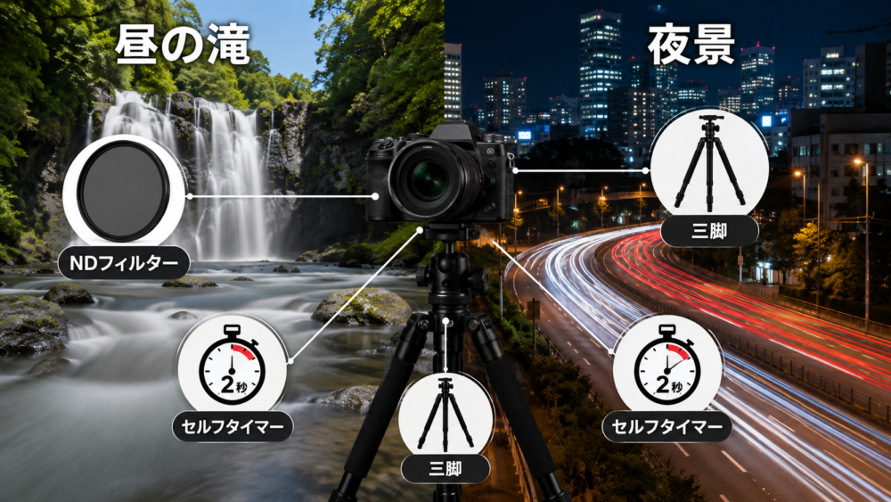 昼の滝と夜景で三脚・セルフタイマー・NDフィルターを使い分ける図
