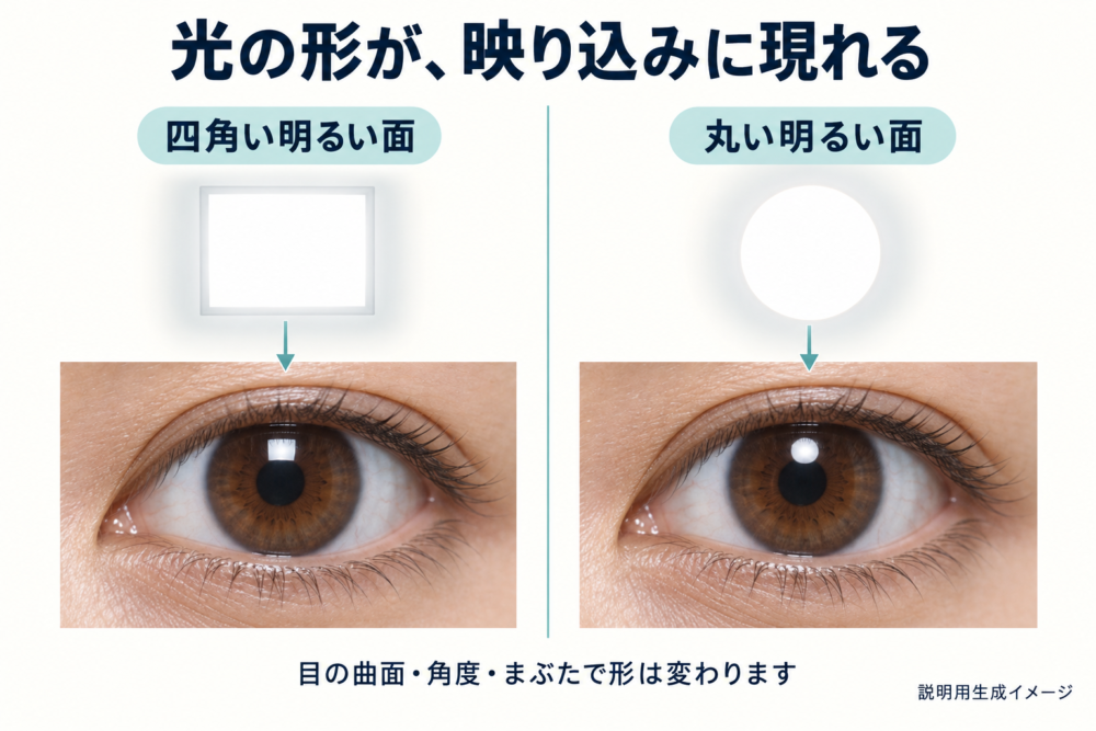 四角い面と丸い面の反射を同じ目で比較