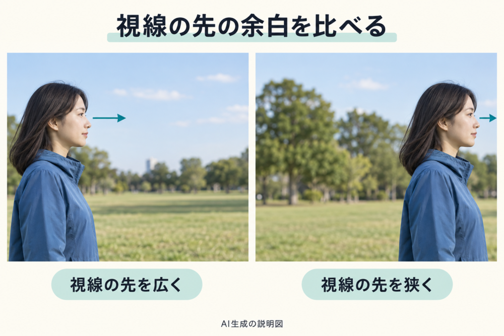 右を見る人物の視線の先に余白を残す配置と詰める配置の比較