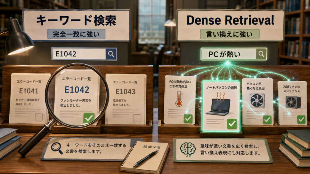 キーワード検索とDense Retrievalの得意な検索例の比較