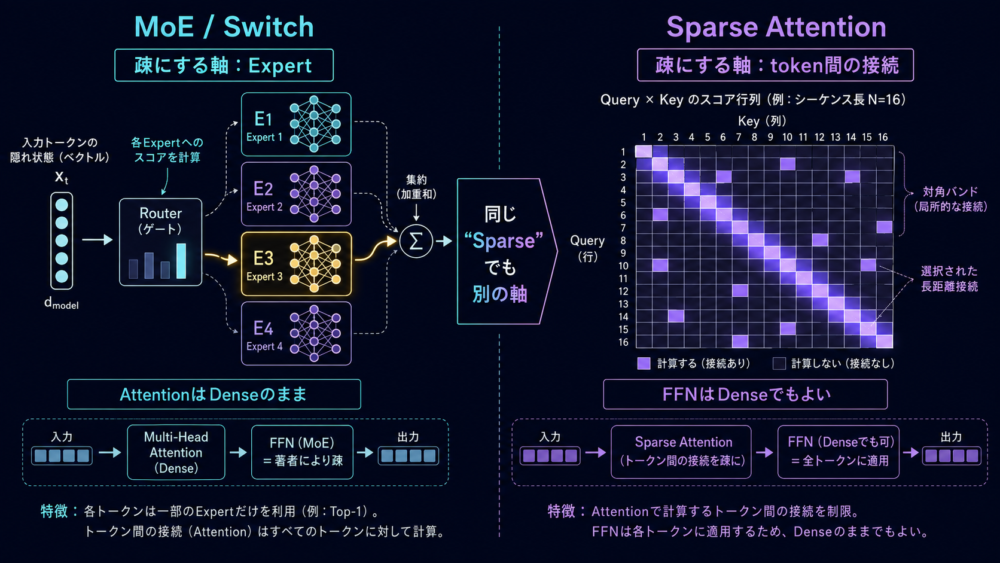 Switch TransformerがExpert軸を疎にし、Sparse Attentionがtoken間の接続を疎にする違い