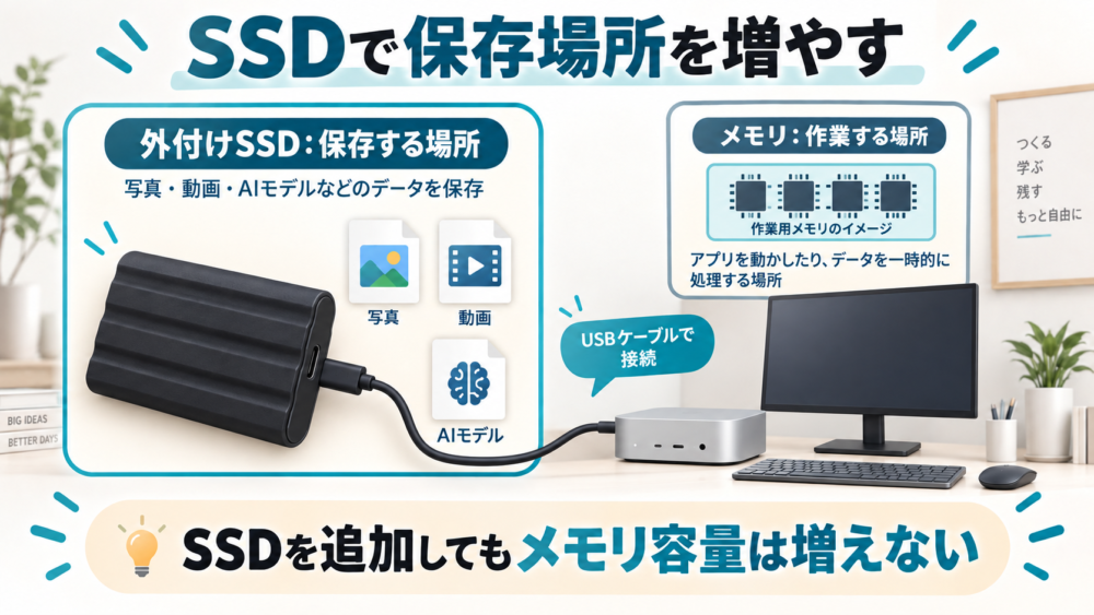 外付けSSDの保存場所とMac内の作業用メモリを区別する想定図