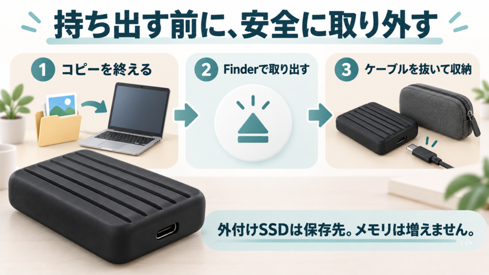 黒い外付けSSDをコピー完了後に取り出して収納する手順