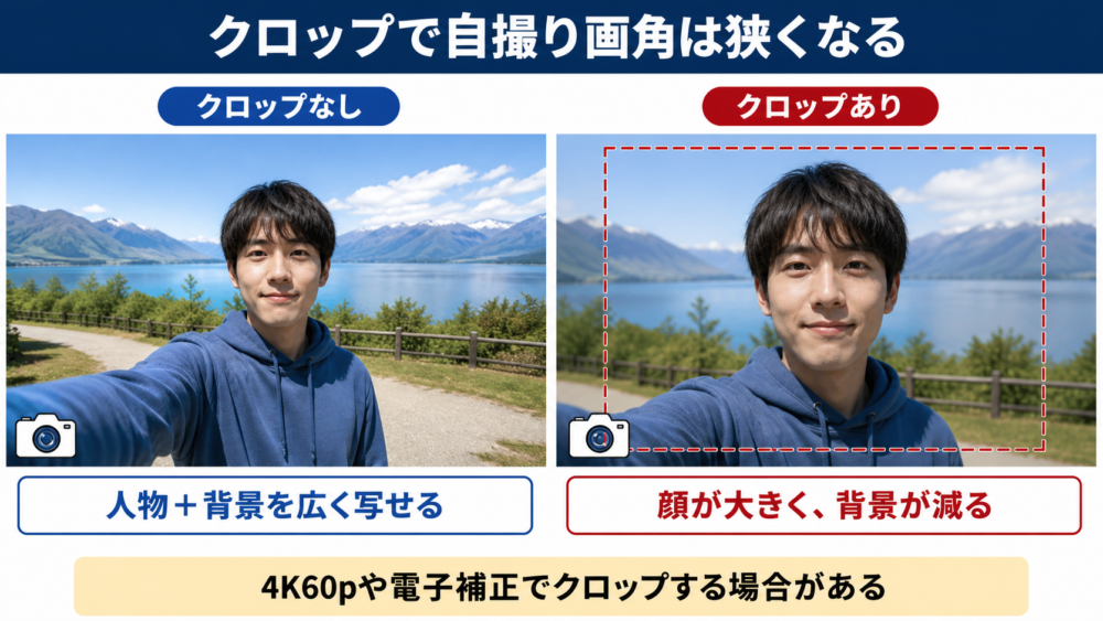 クロップなしとクロップありの自撮り画角の違い