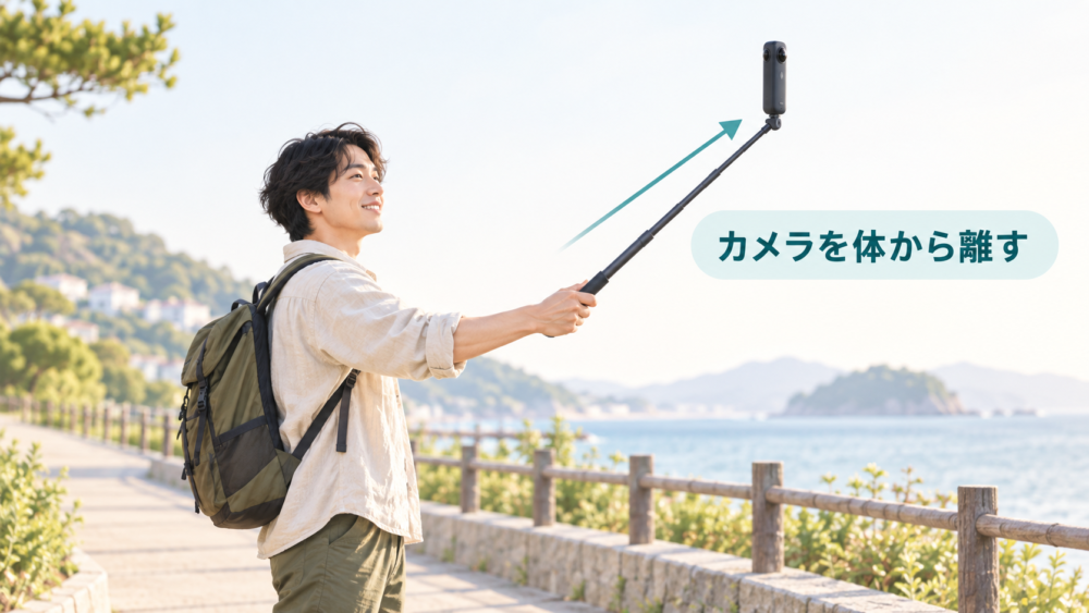 手持ち棒でカメラを体から離す位置関係を示す使用想定図